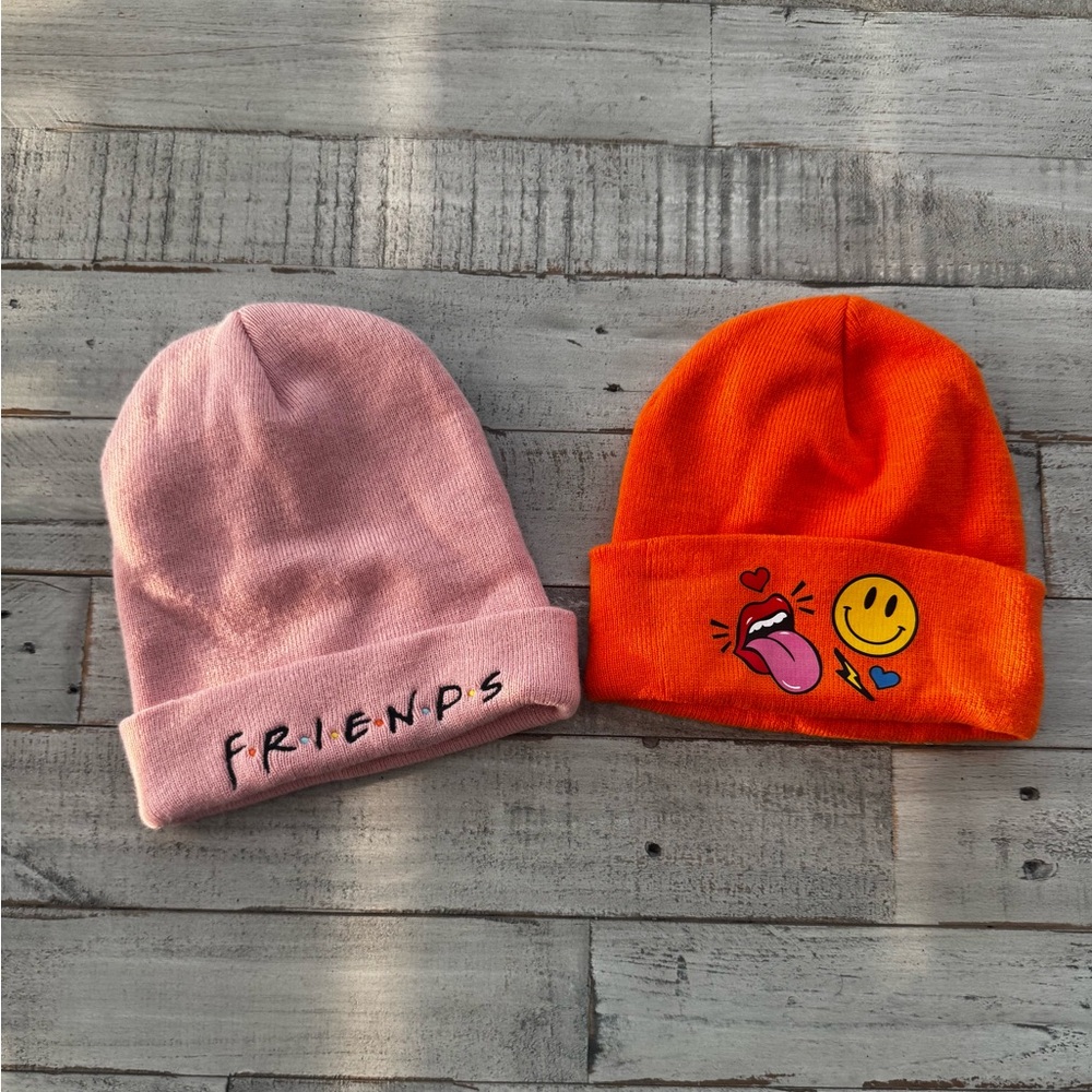 2 piece “Friends” Pink beanie  and Orange Beanie Duo